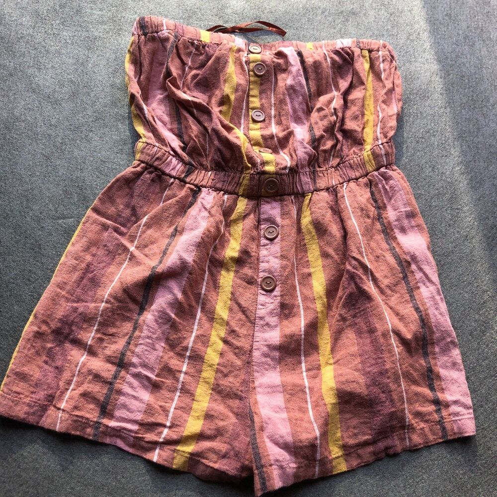 Urban Outfitters Strapless Romper Shorts linen Medium berry red Striped 000